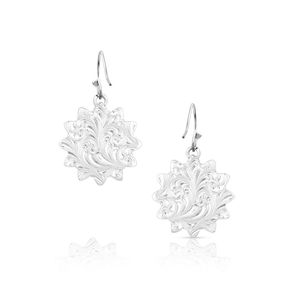 USA-made silver Western dangle earrings by Montana Silversmiths with engraved flower rowel details and classic cowgirl style.
