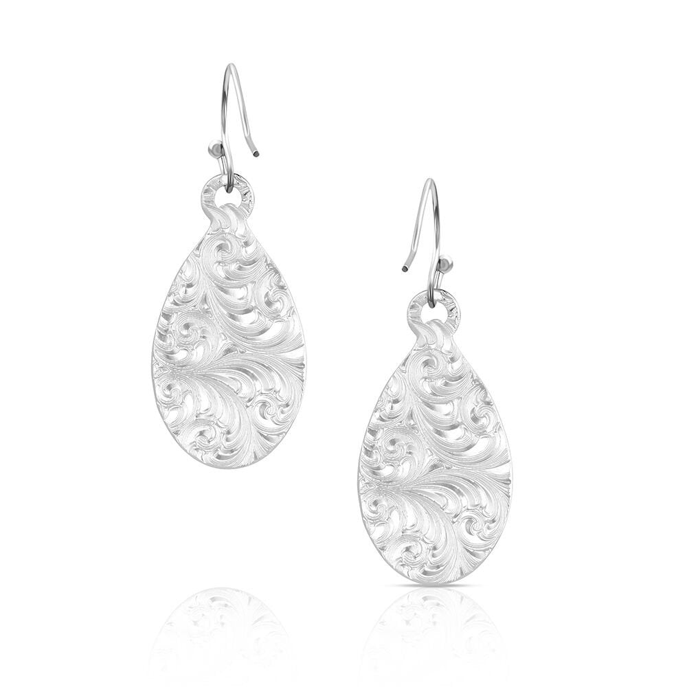 USA-made silver Western dangle earrings by Montana Silversmiths featuring an intricate spiral design and authentic American craftsmanship.