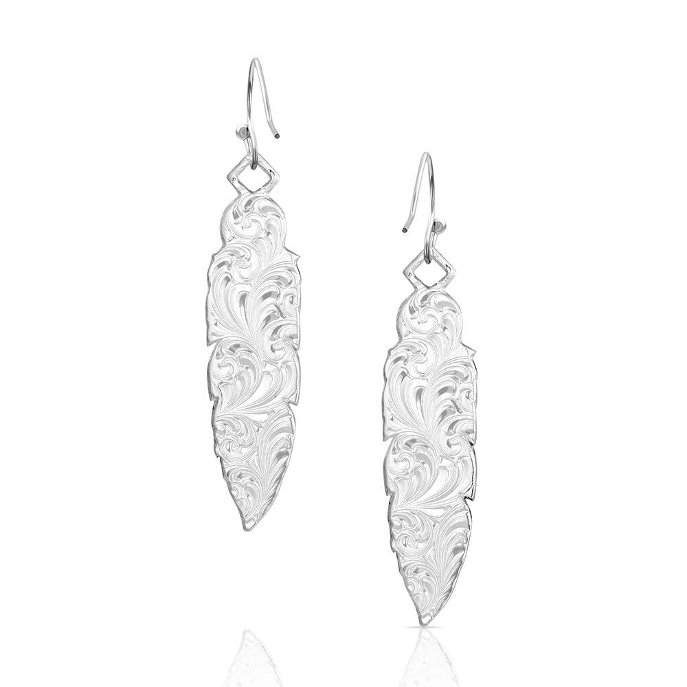 USA-made turquoise Western dangle earrings by Montana Silversmiths with feather-inspired details and classic Southwestern cowgirl style.