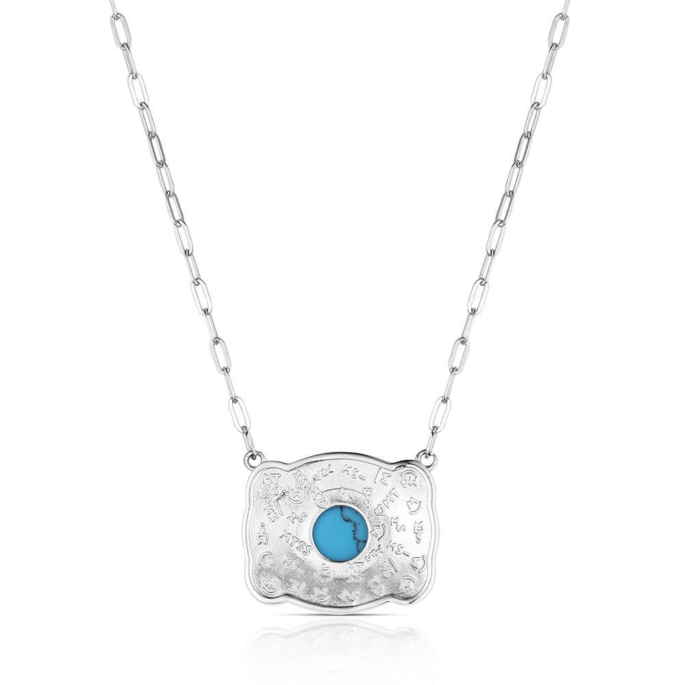 Western buckle pendant necklace by Montana Silversmiths featuring crafted baby blue turquoise, engraved silver detailing, and classic cowgirl style.