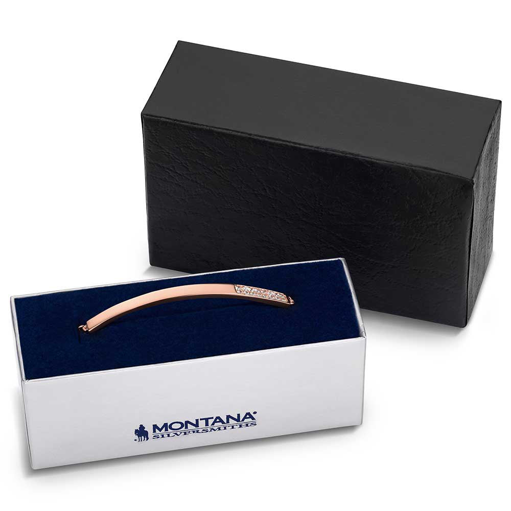 Western rose gold crystal adjustable bolo bracelet by Montana Silversmiths with elegant bar design and polished finish.