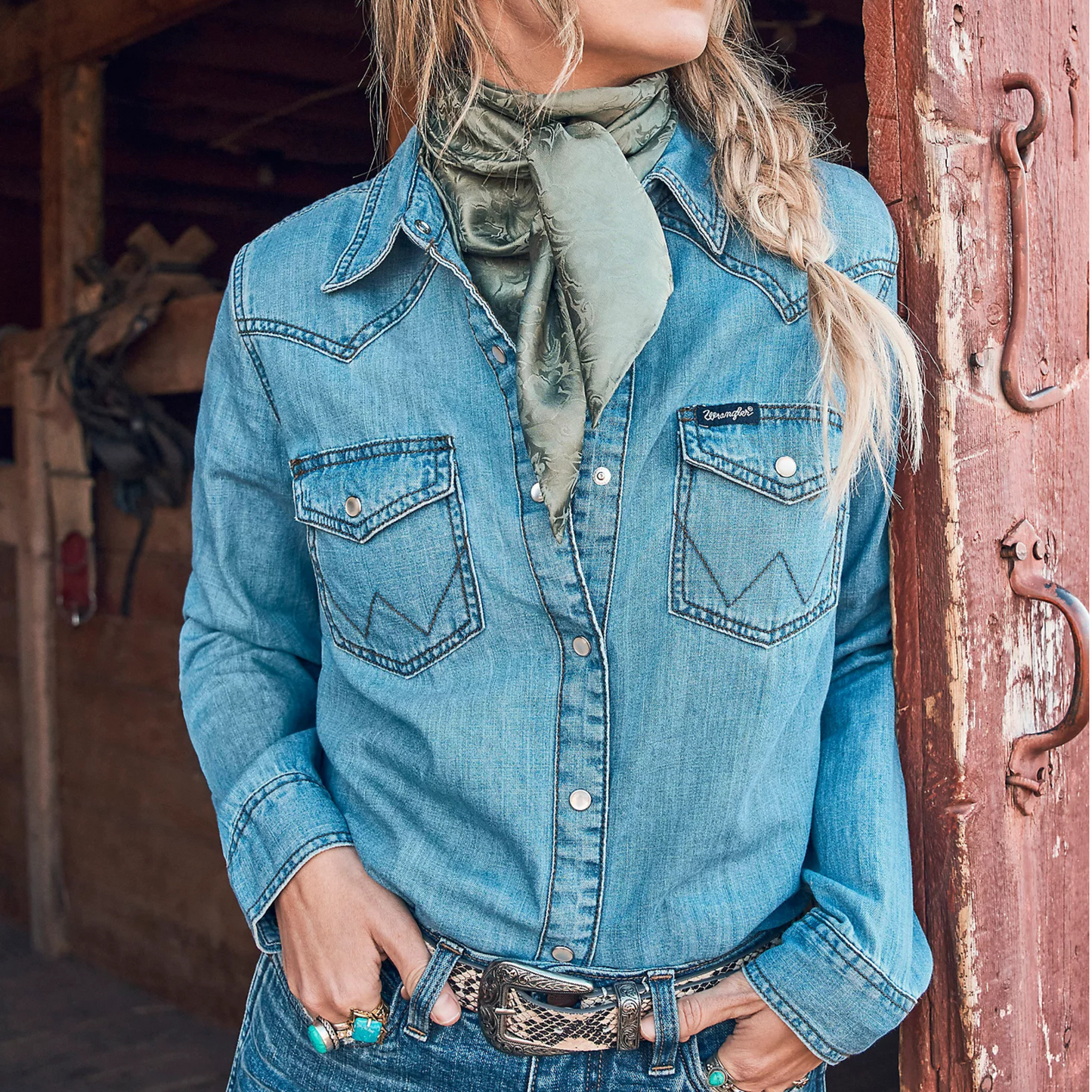 Woman wearing Wrangler snap shirt