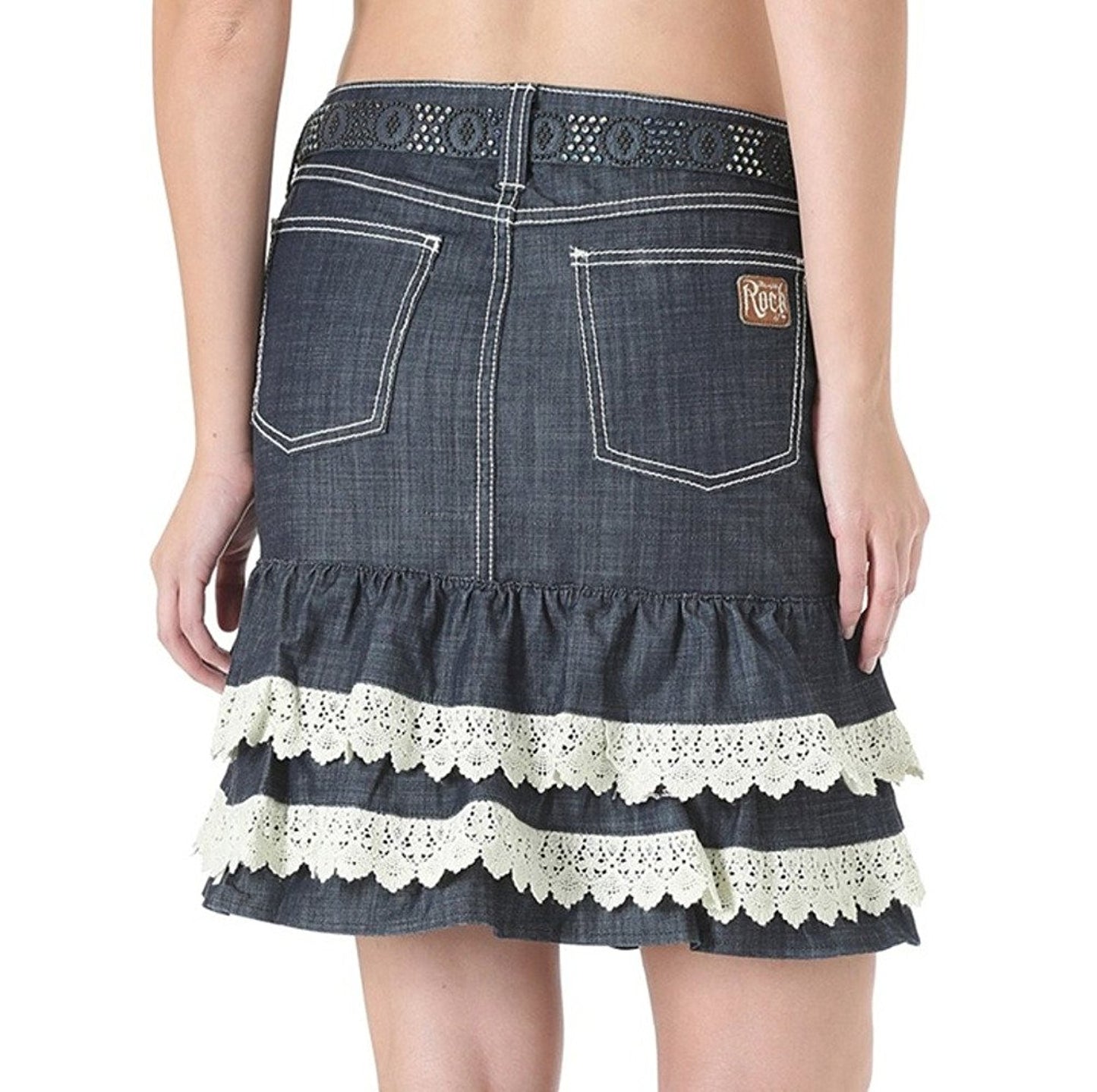 Back of Wrangler Juniors' Rock 47 Western Ruffle Denim Skirt