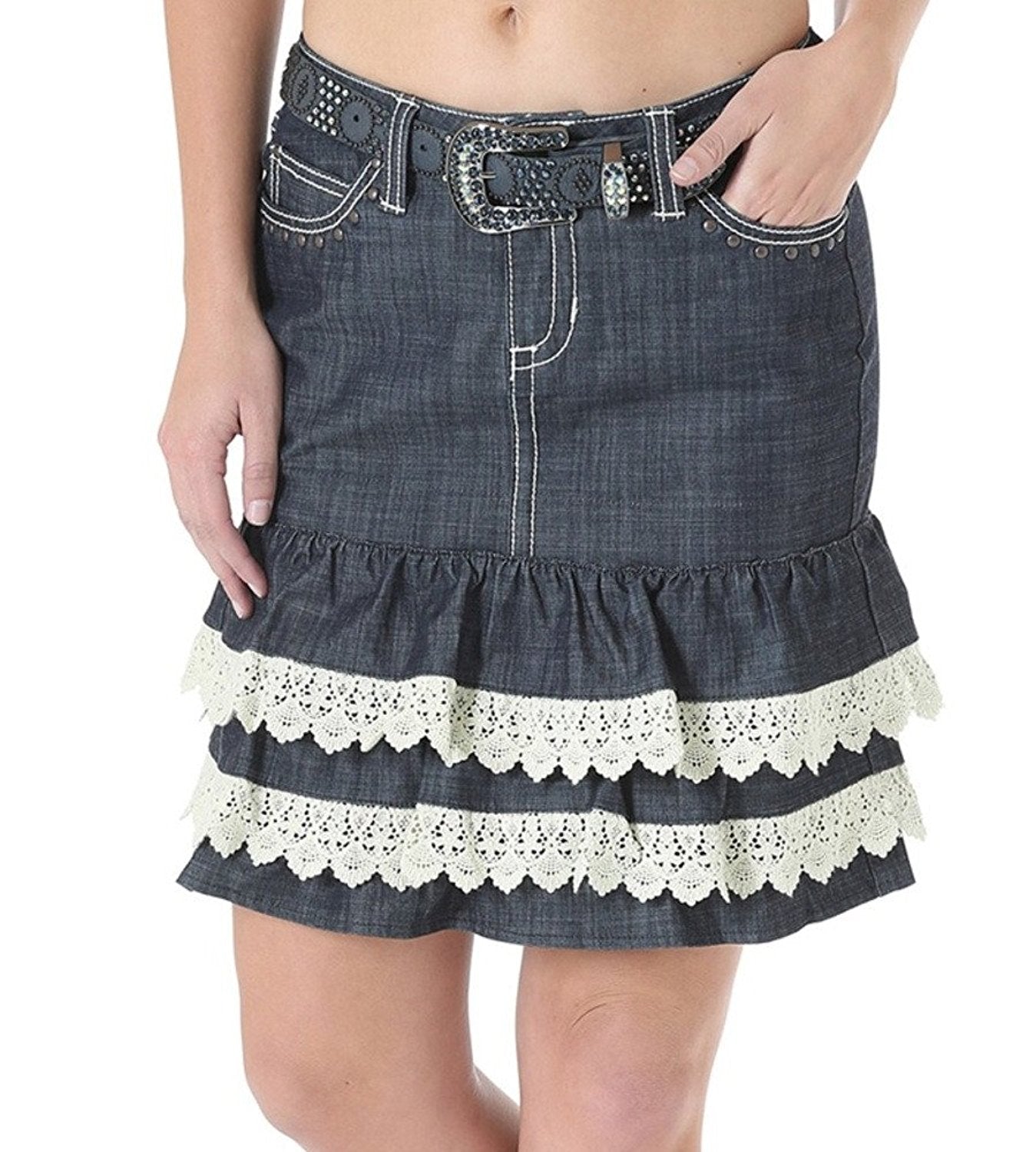 Front of Wrangler Juniors' Rock 47 Western Ruffle Denim Skirt