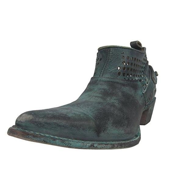 Front Angled View of Corral Boots Women's Green Distressed Pointed Toe Western Bootie