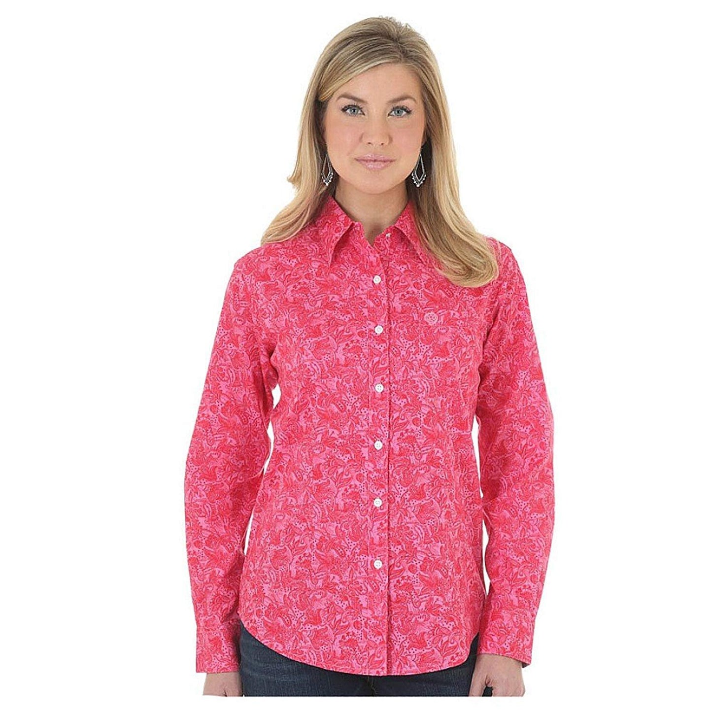 Woman Wearing Women's Wrangler George Strait For Her Button Down Floral Top