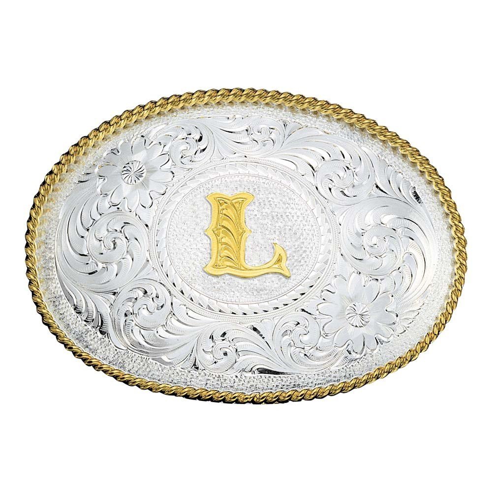 
                  
                    Montana Silversmiths Initial Silver Engraved Gold Trim Western Belt Buckle in L
                  
                