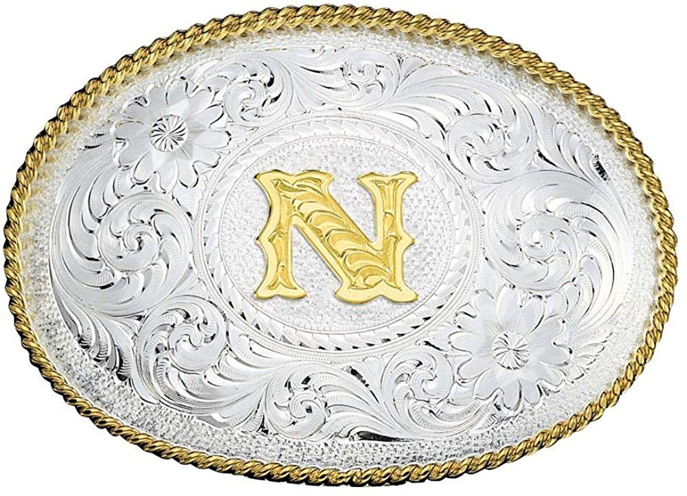 
                  
                    Montana Silversmiths Initial Silver Engraved Gold Trim Western Belt Buckle in N
                  
                