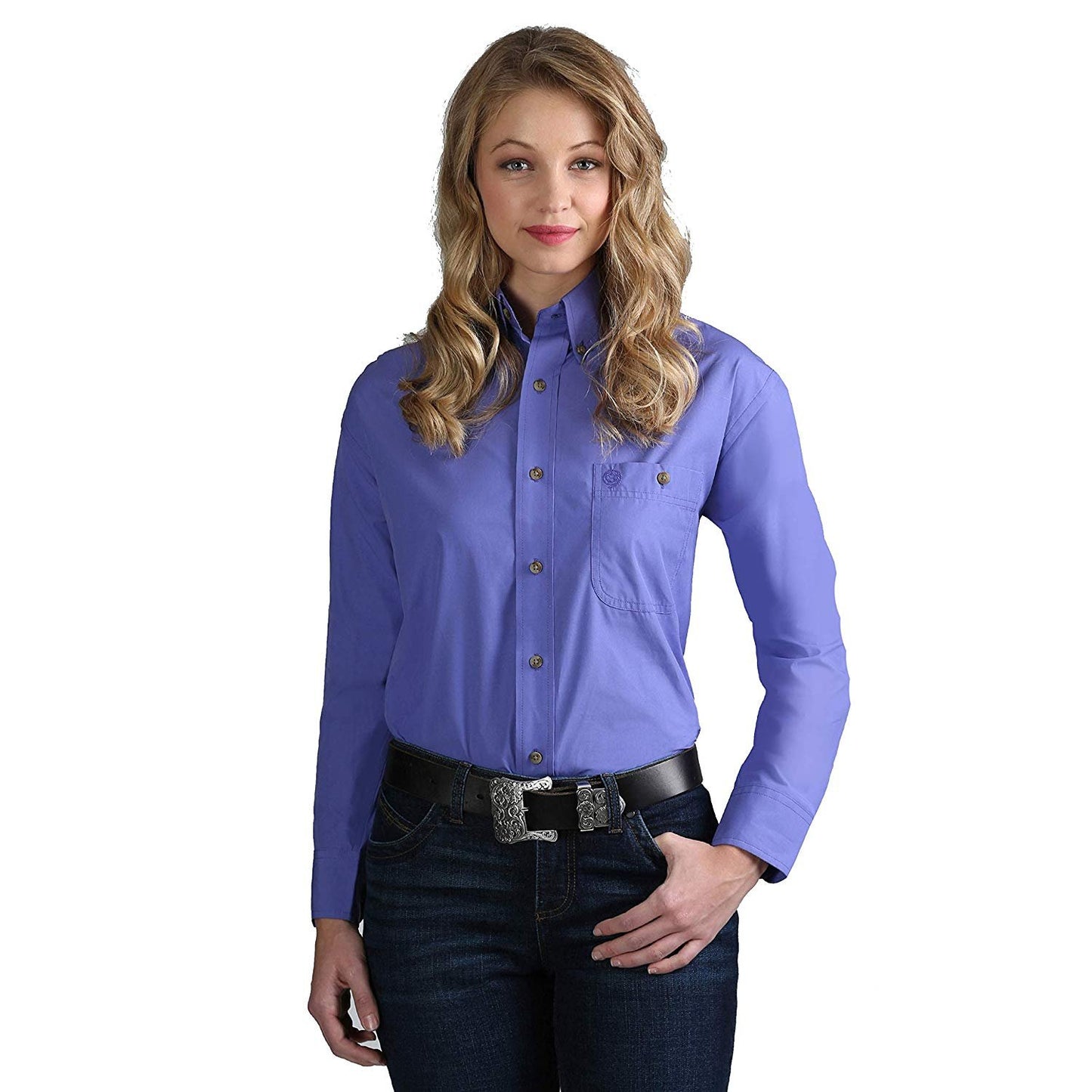 Woman Wearing Women's Wrangler Solid Purple Long Sleeve Shirt