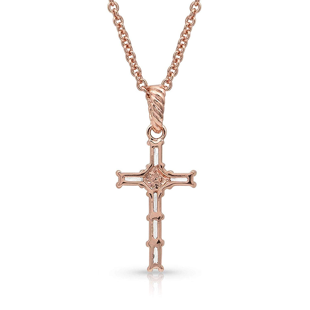 Back of Montana Silversmiths Women's Entwined Rose Gold Brilliant Cross Necklace