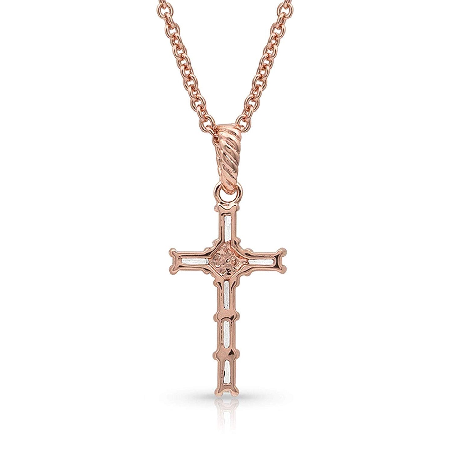 Back of Montana Silversmiths Women's Entwined Rose Gold Brilliant Cross Necklace