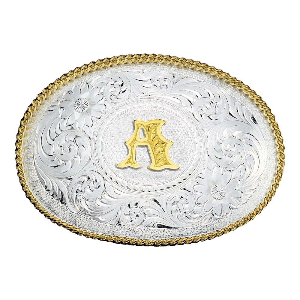 Montana Silversmiths Initial Silver Engraved Gold Trim Western Belt Buckle in A