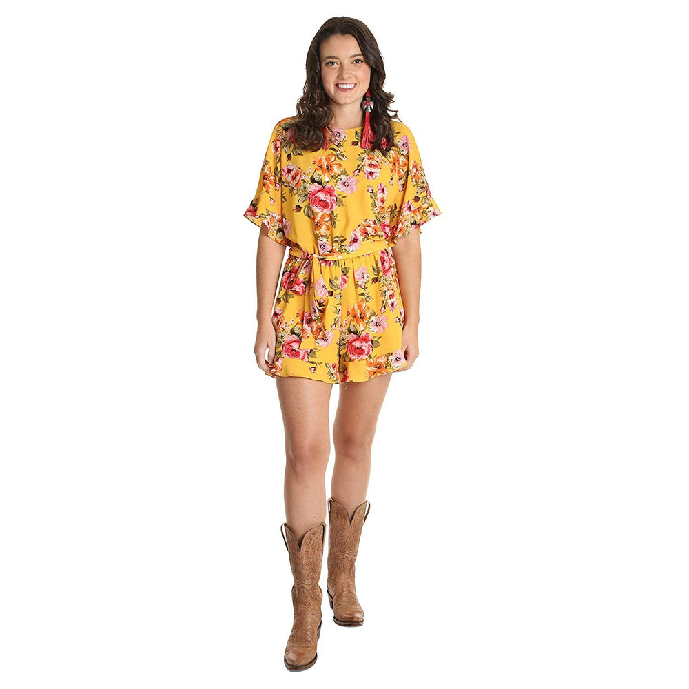 Woman Wearing Women’s Wrangler Floral Romper With Belt