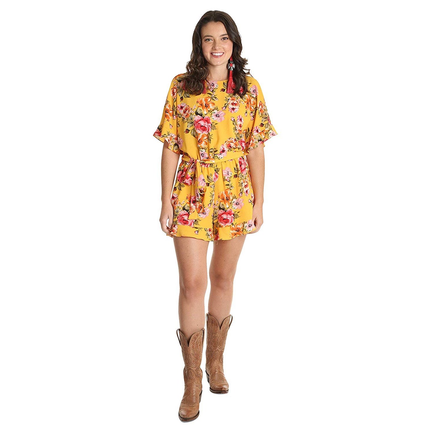 Woman Wearing Women’s Wrangler Floral Romper With Belt