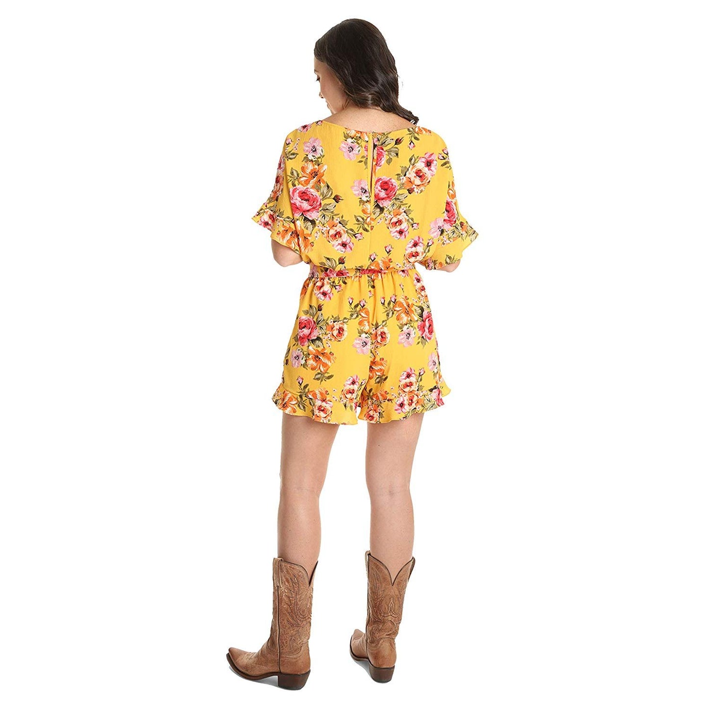 Back View of Woman Wearing Women’s Wrangler Floral Romper With Belt