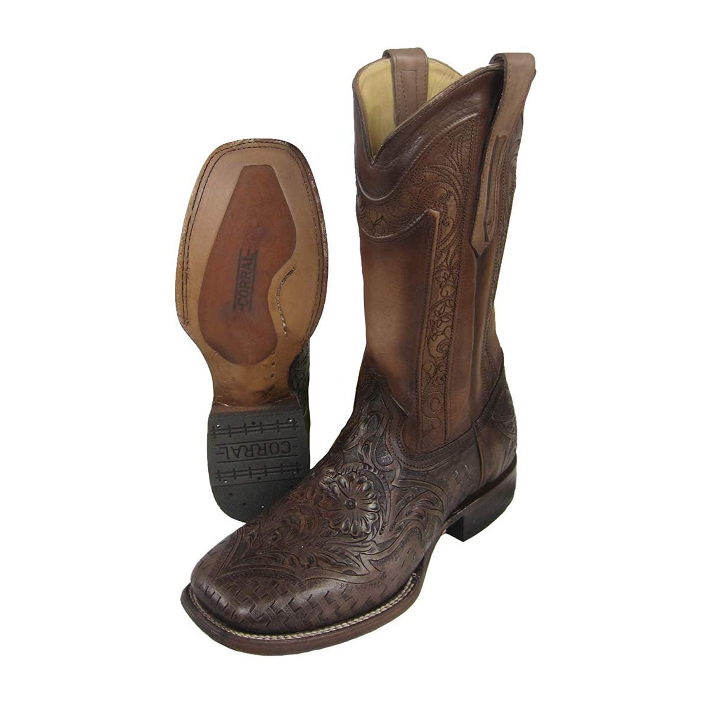 Pair of Corral Boots Men's Hand Tooled Square Toe Cowboy Boots