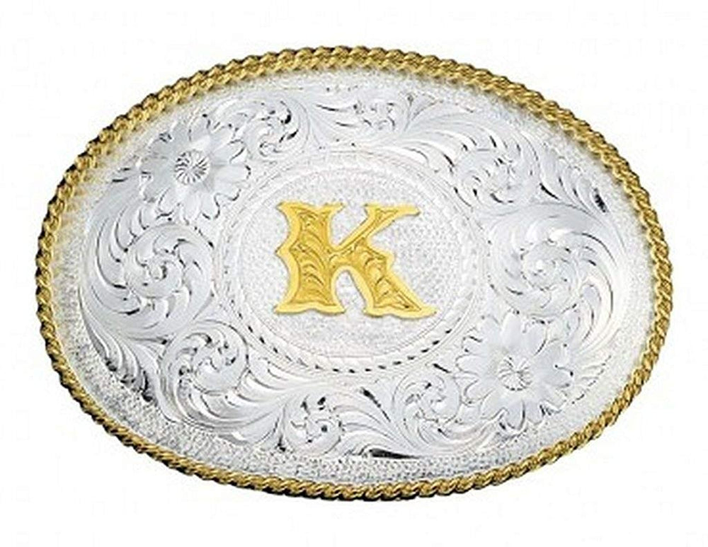 
                  
                    Montana Silversmiths Initial Silver Engraved Gold Trim Western Belt Buckle in K
                  
                