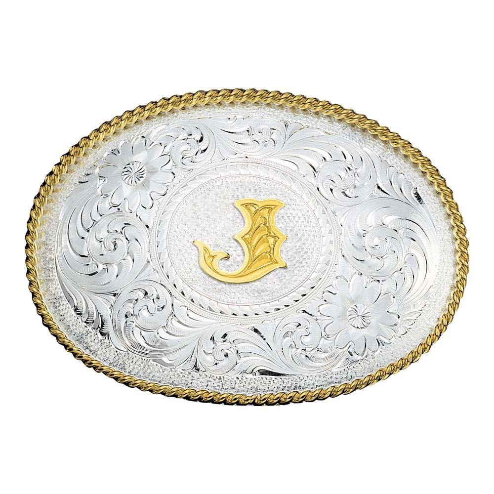 
                  
                    Montana Silversmiths Initial Silver Engraved Gold Trim Western Belt Buckle in J
                  
                