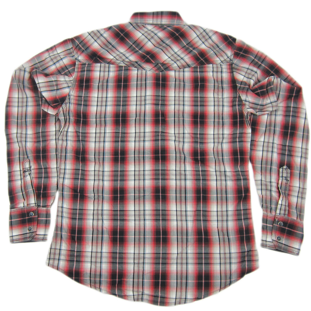 Back of Men's Wrangler 20X Western Plaid Pearl Snap Shirt