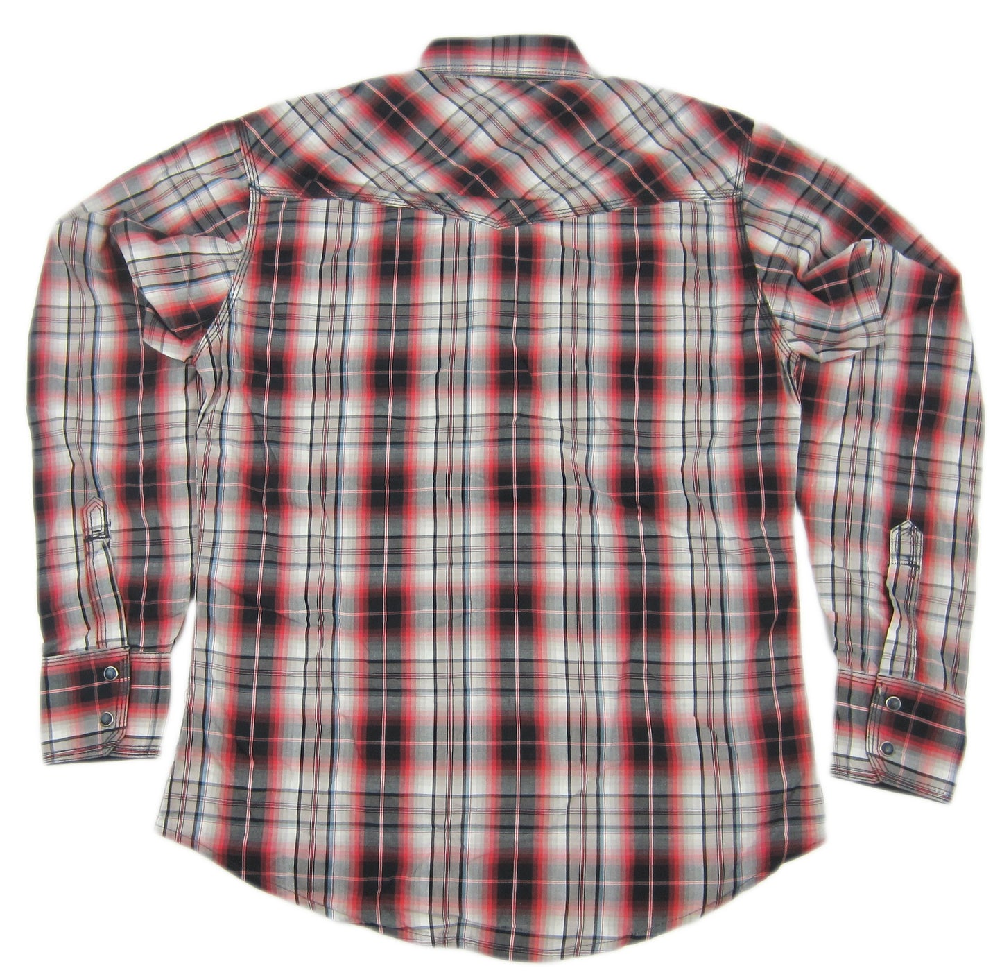 Back of Men's Wrangler 20X Western Plaid Pearl Snap Shirt
