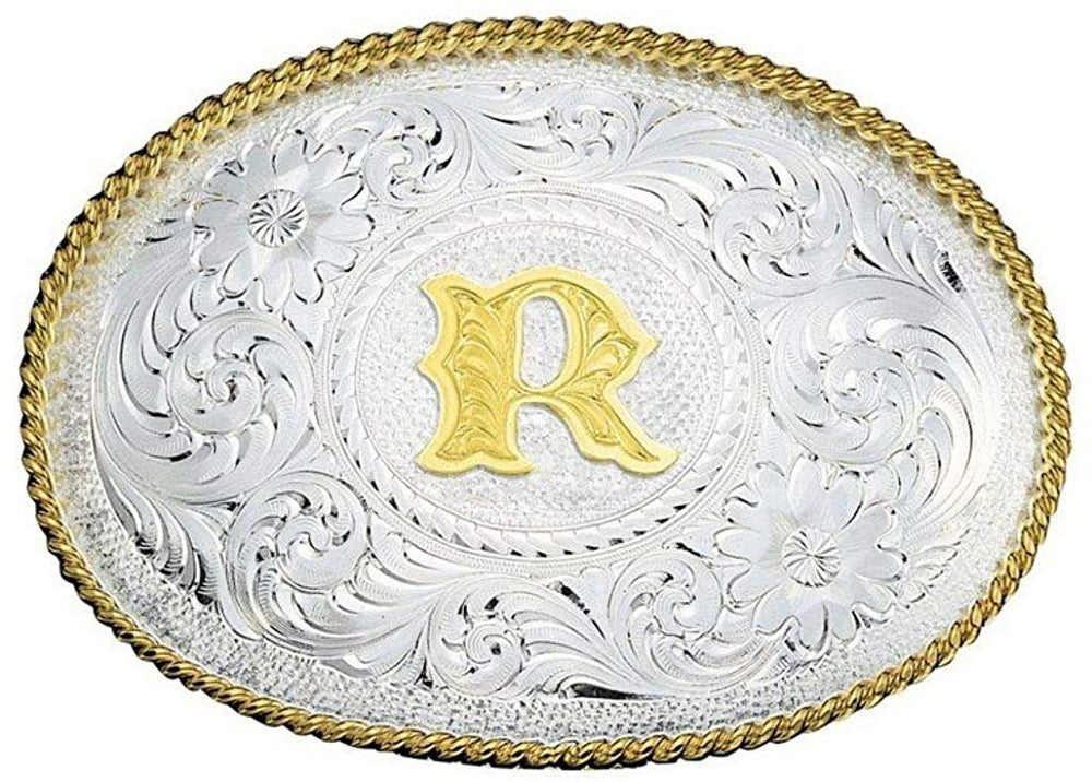 
                  
                    Montana Silversmiths Initial Silver Engraved Gold Trim Western Belt Buckle in R
                  
                