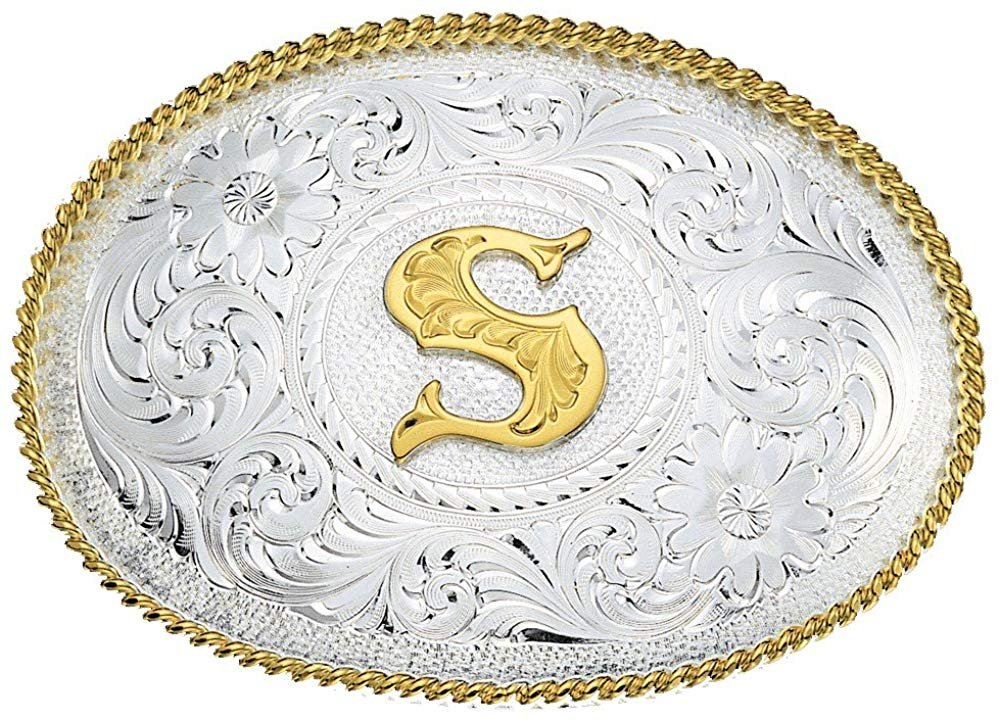 
                  
                    Montana Silversmiths Initial Silver Engraved Gold Trim Western Belt Buckle in S
                  
                