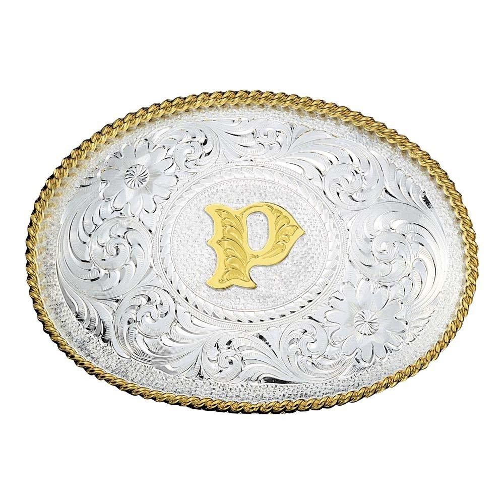 
                  
                    Montana Silversmiths Initial Silver Engraved Gold Trim Western Belt Buckle in P
                  
                