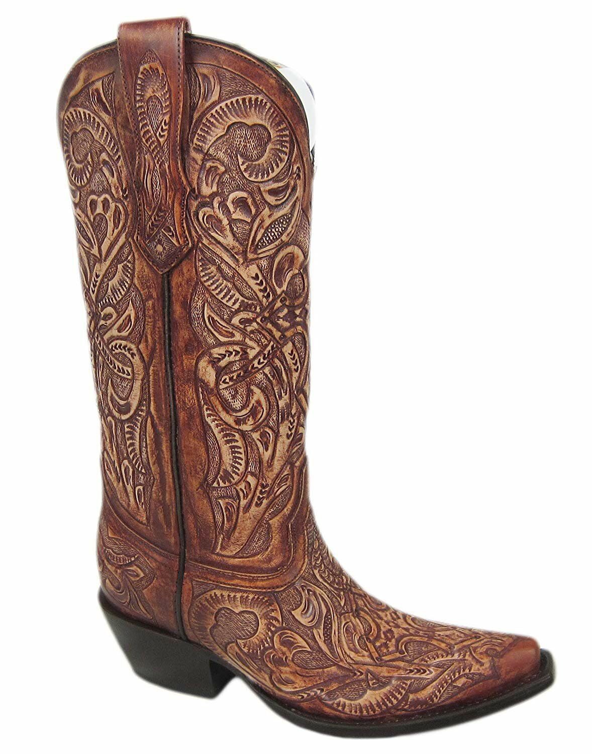 Side Profile of Corral Boots Brown Tooled Snip Toe Western Boot