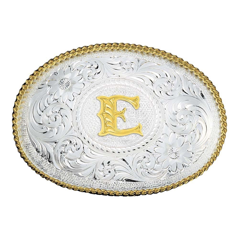 
                  
                    Montana Silversmiths Initial Silver Engraved Gold Trim Western Belt Buckle in E
                  
                