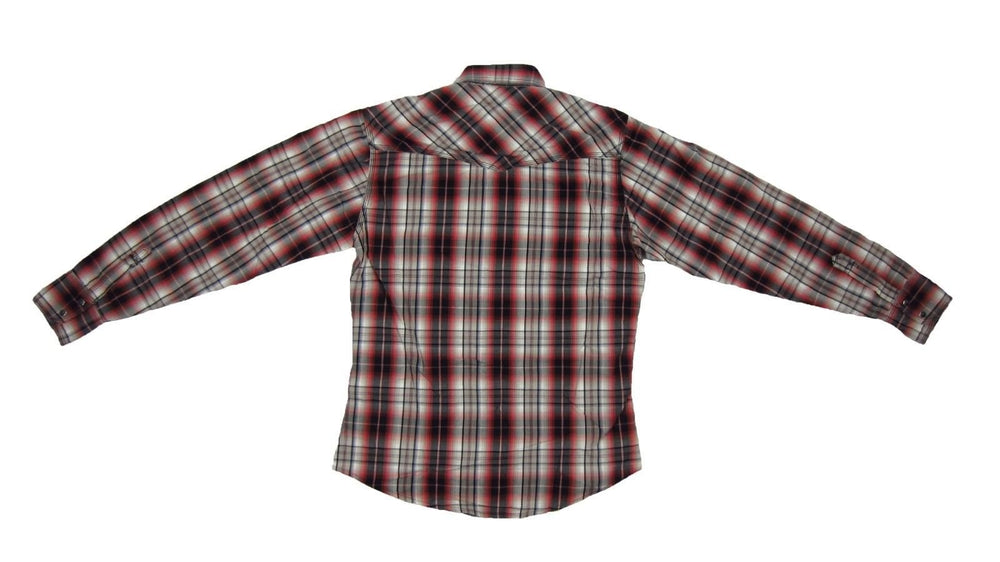 
                  
                    Men's Wrangler 20X Western Plaid Pearl Snap Shirt Back Flatlay
                  
                