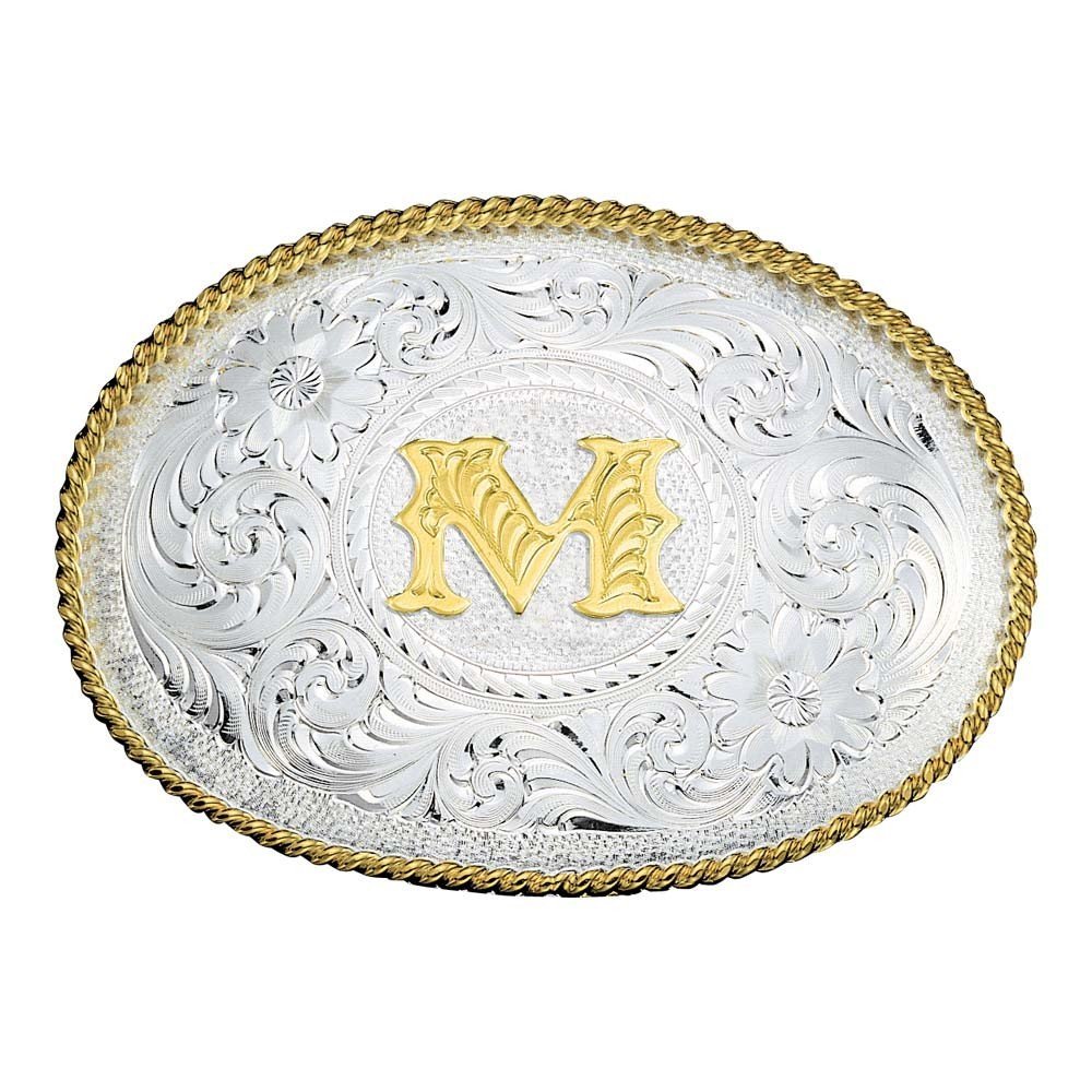 
                  
                    Montana Silversmiths Initial Silver Engraved Gold Trim Western Belt Buckle in M
                  
                