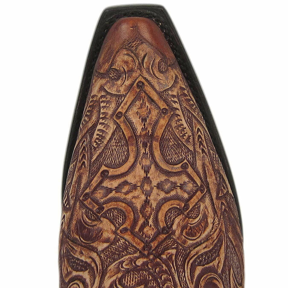 
                  
                    Close-up of Corral Boots Brown Tooled Snip Toe Western Boot Toe Box
                  
                