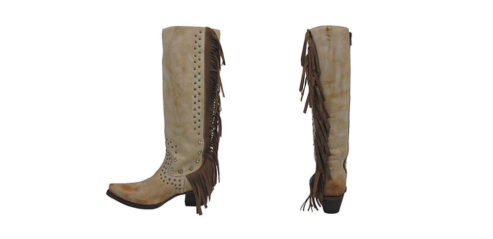 
                  
                    Side and Back Views of Corral Boots Women's Camel Fringe Snip Toe Western Boot
                  
                