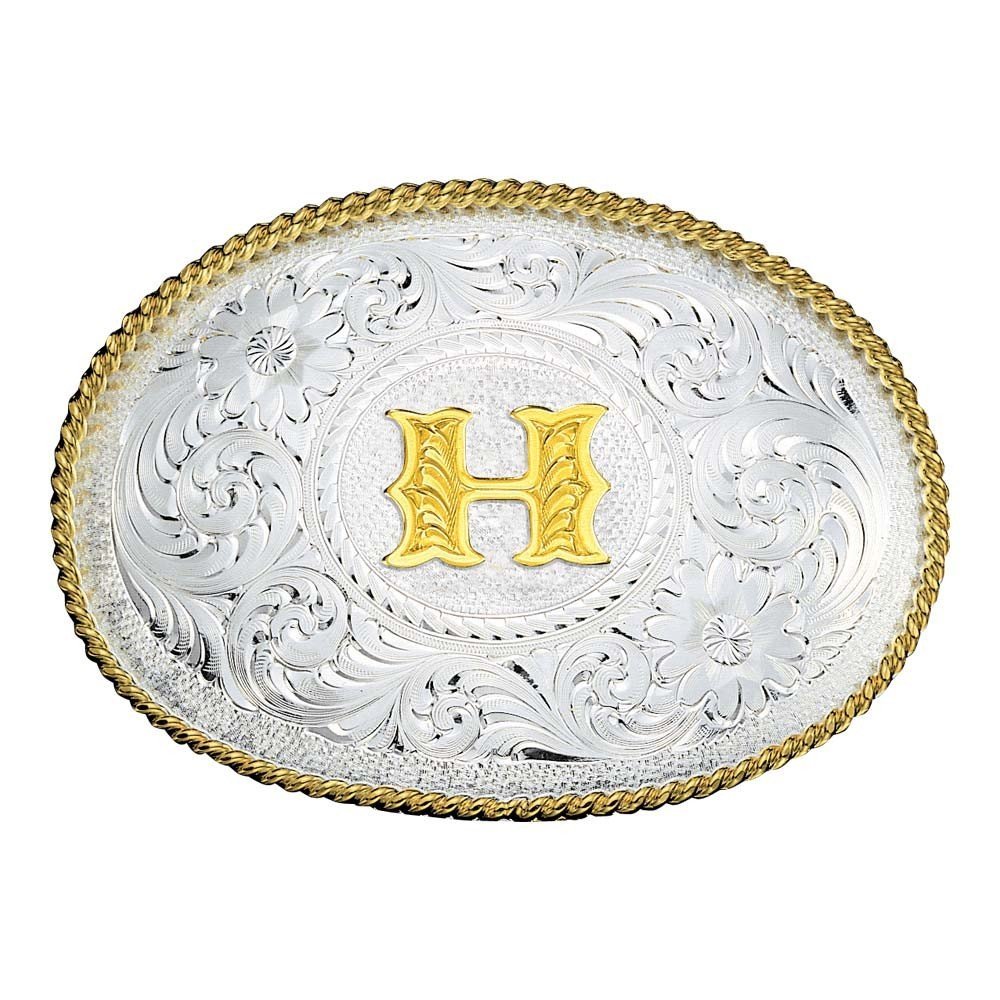 
                  
                    Montana Silversmiths Initial Silver Engraved Gold Trim Western Belt Buckle in H
                  
                