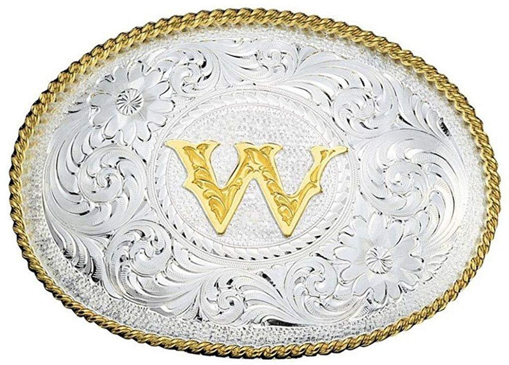 
                  
                    Montana Silversmiths Initial Silver Engraved Gold Trim Western Belt Buckle in W
                  
                