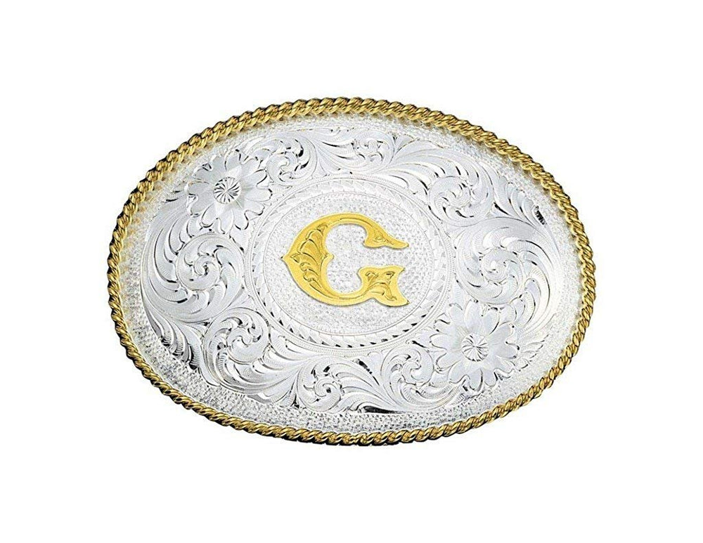 
                  
                    Montana Silversmiths Initial Silver Engraved Gold Trim Western Belt Buckle in G
                  
                