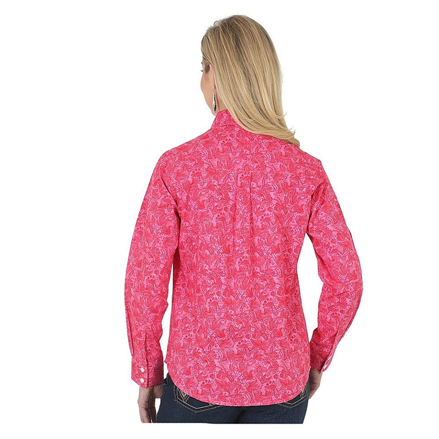 Back of Woman Wearing Women's Wrangler George Strait For Her Button Down Floral Top