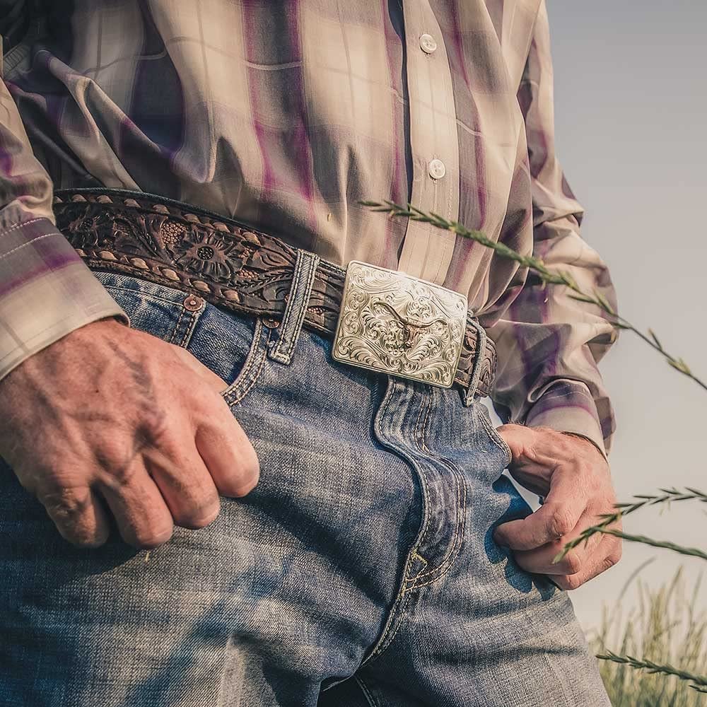 Another Cowboy Wearing Montana Silversmiths Iconic Western Longhorn Silver Belt Buckle