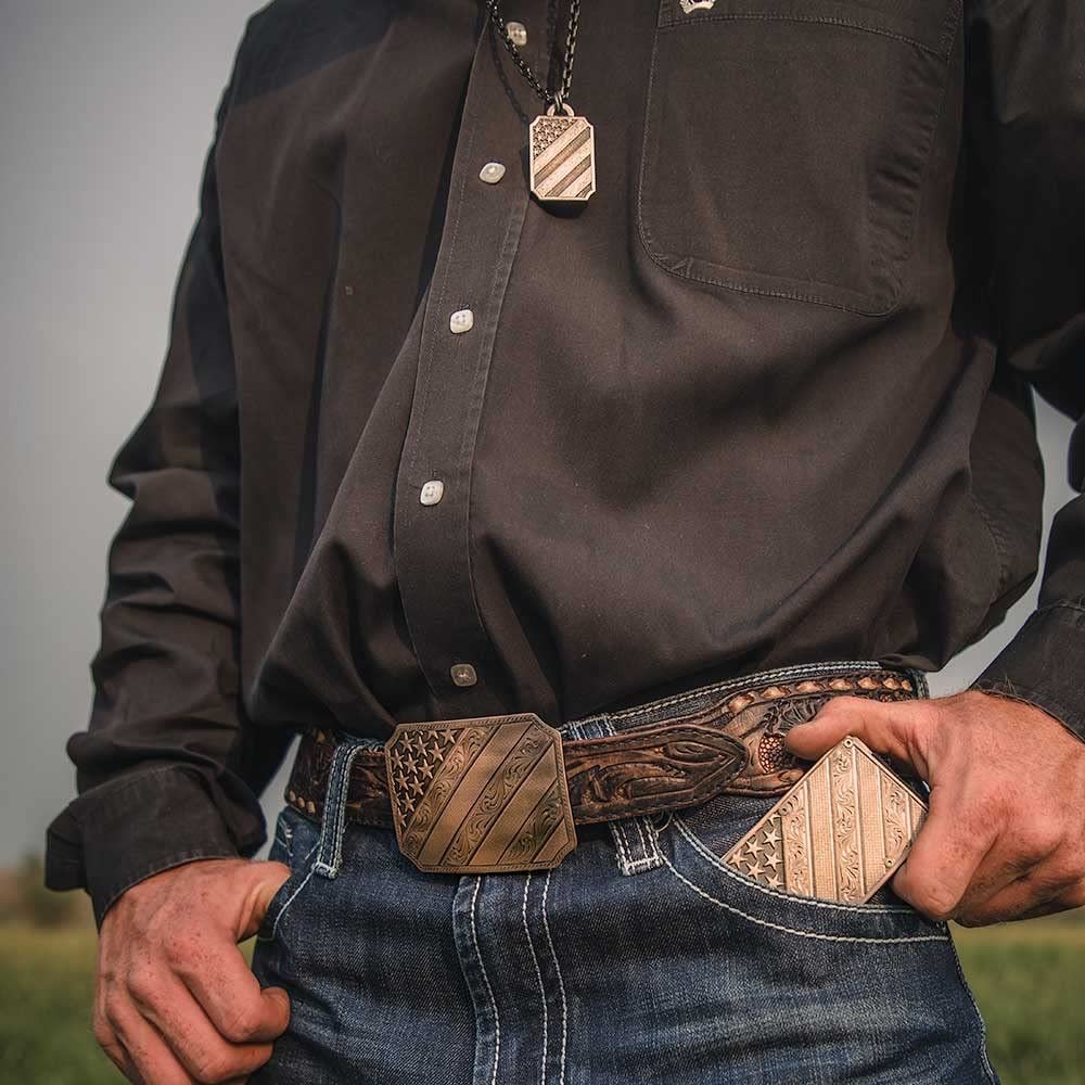 
                  
                    Cowboy Putting Montana Silversmiths All American Bronze Credit Card Holder in Pocket
                  
                