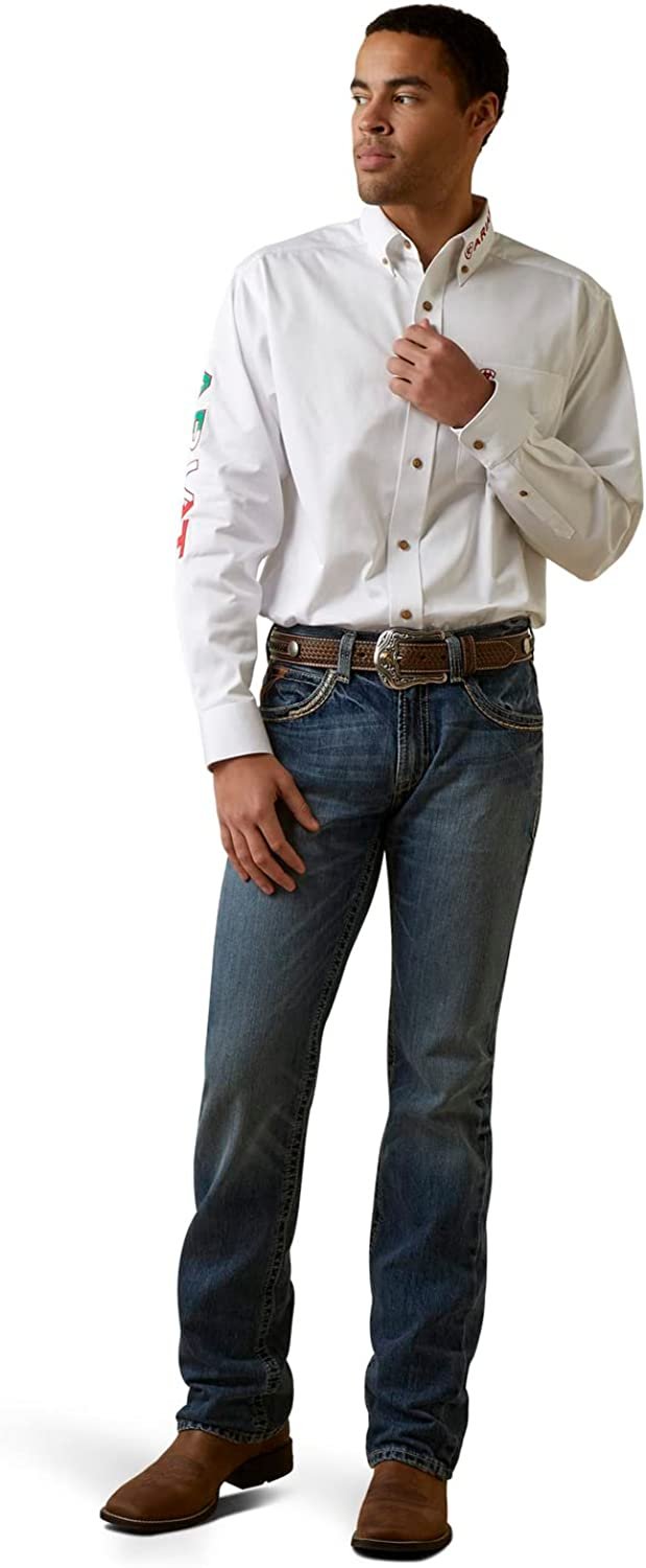 Man Wearing Ariat Men's Team Logo Twill Classic Fit Shirt in White Mexico