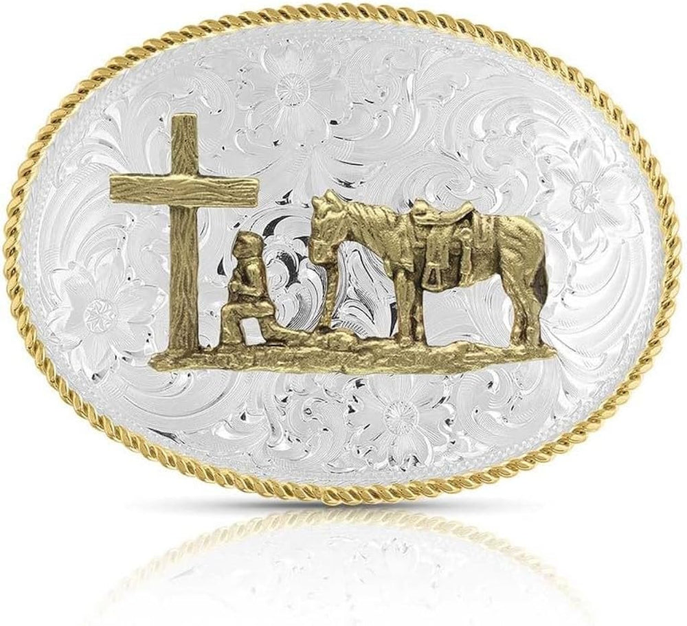 Montana Silversmiths Large Silver Engraved Western Belt Buckle With Christian Cowboy