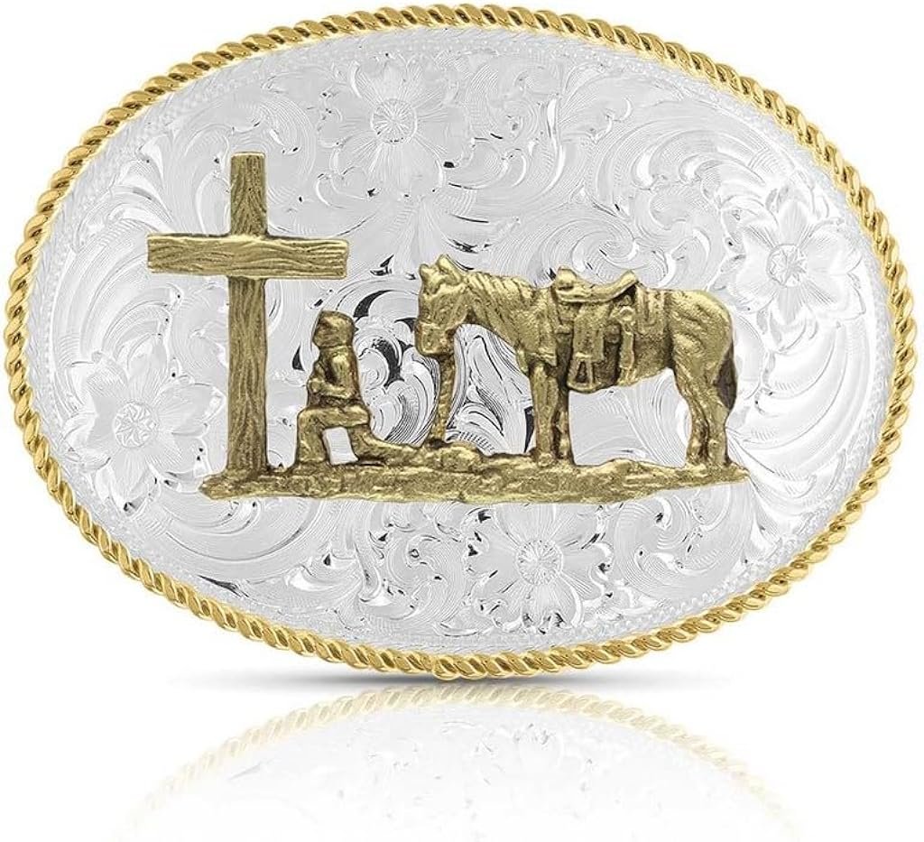 Montana Silversmiths Large Silver Engraved Western Belt Buckle With Christian Cowboy