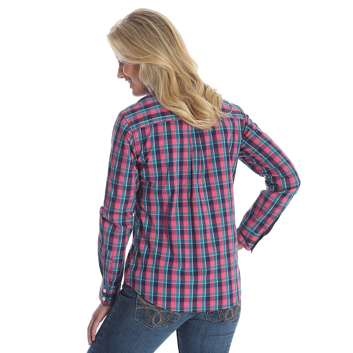 Back of Woman in Women's Wrangler George Strait For Her Button Up Plaid Shirt