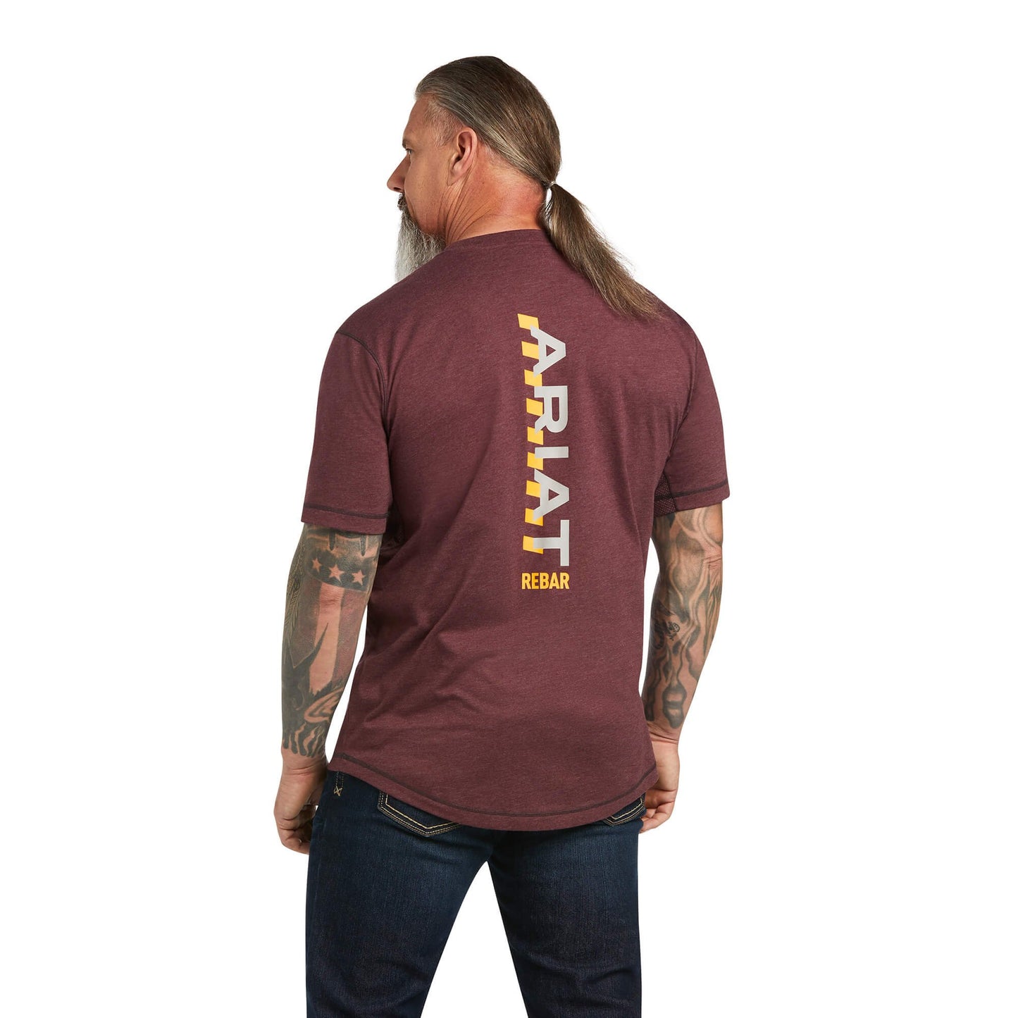 Back of Ariat Men's Rebar Workman Logo T-Shirt in Malbec Heather
