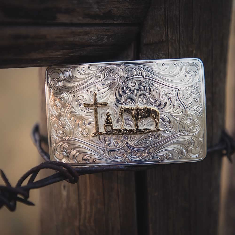 Montana Silversmiths German Silver Christian Cowboy Western Belt Buckle on Wooden Post