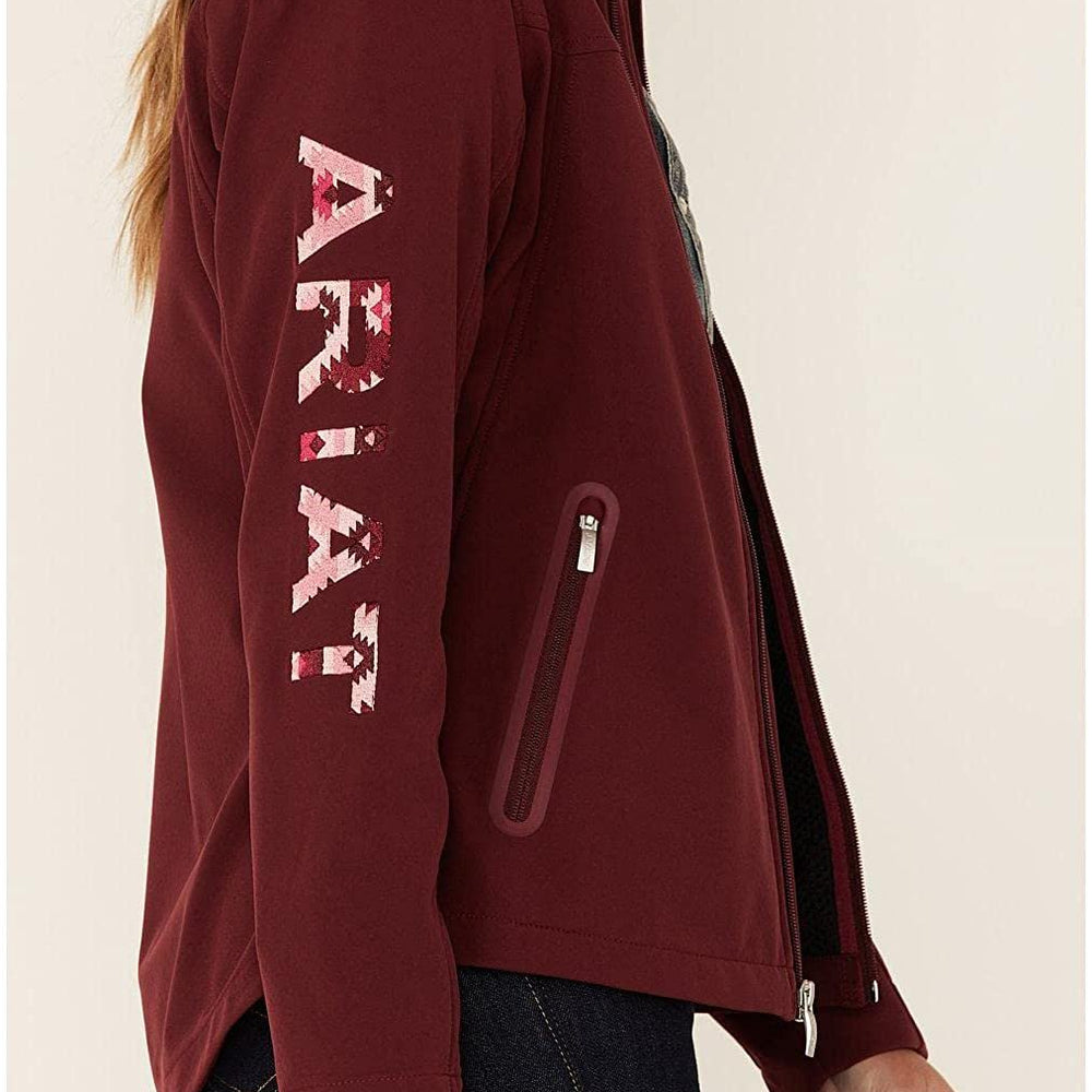 
                  
                    Sleeve Logo on Ariat Women's New Team Softshell Jacket in Zinfandel/Carmen Geo
                  
                