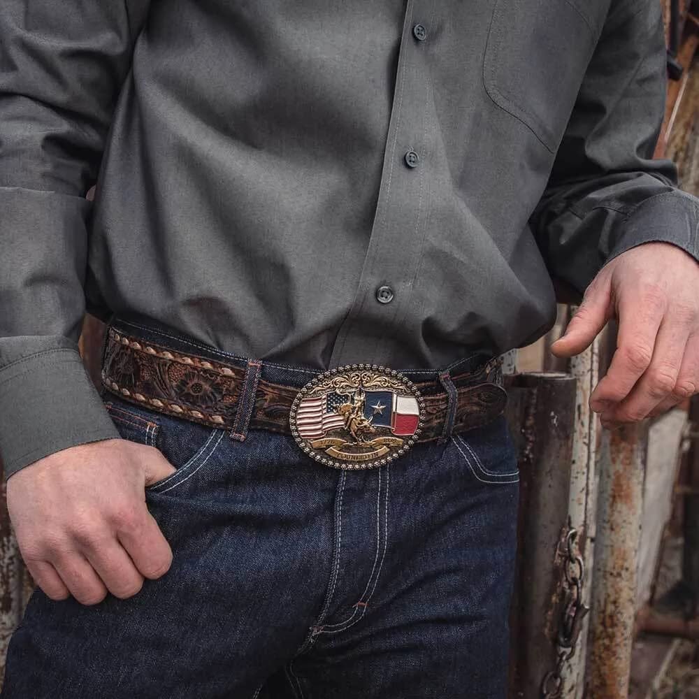 
                  
                    Man Wearing Montana Silversmiths Men's Texas 1836 Attitude Belt Buckle
                  
                