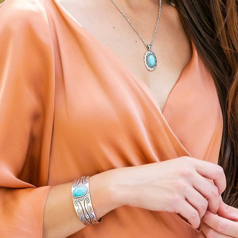 Woman Wearing Montana Silversmiths Women's Western Bracelet, Into the Blue