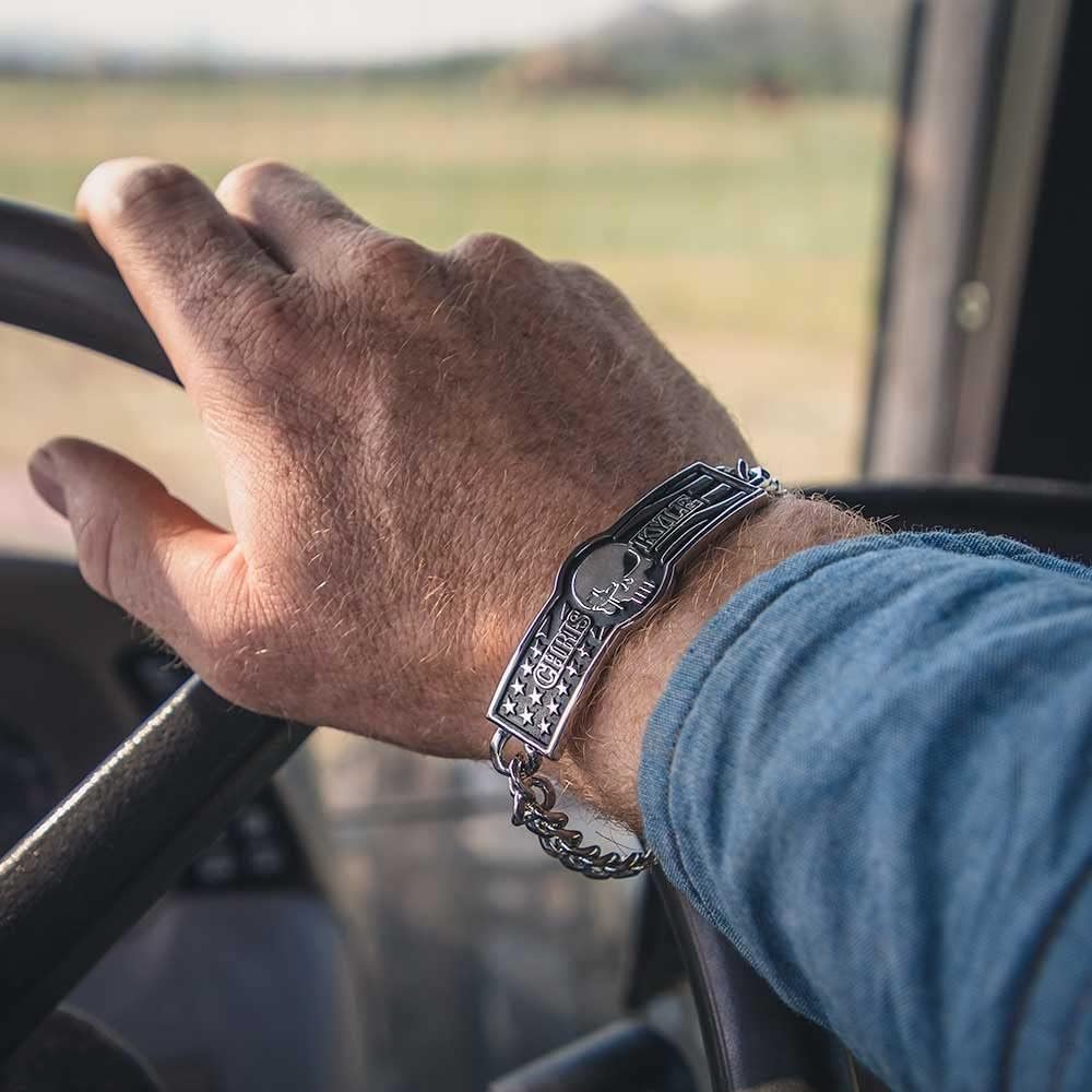 Man Wearing Montana Silversmiths Men's My Duty Chris Kyle Link Bracelet
