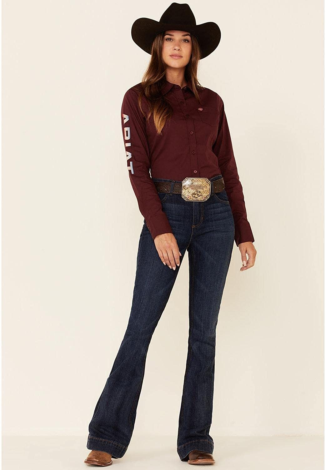 Cowgirl Wearing Ariat Women's Team Kirby Stretch Shirt